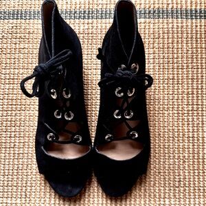 J Crew platform heels. Black suede laceup, open toe, ankle high.